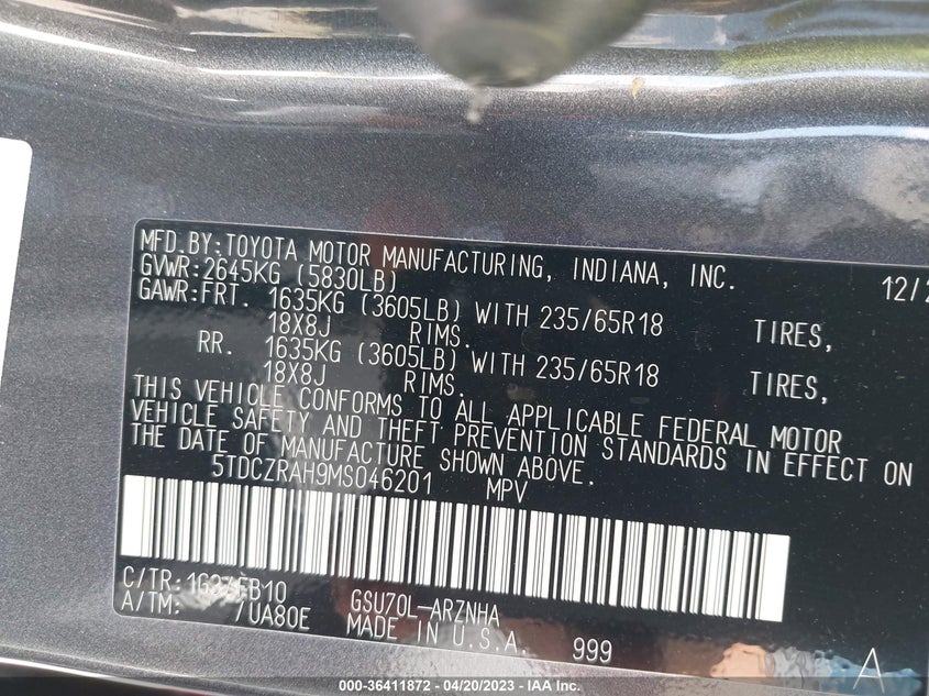 VIN 5TDCZRAH9MS046201 2021 TOYOTA HIGHLANDER L