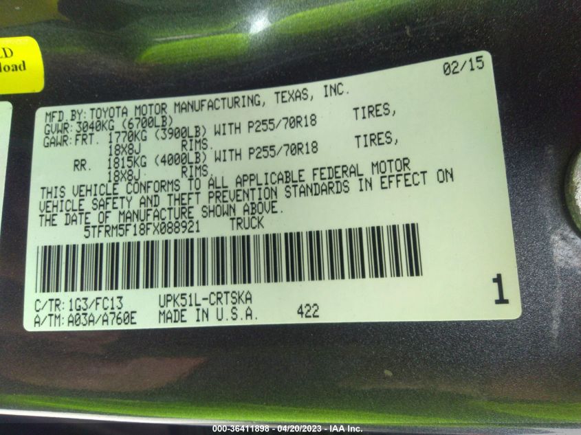 2015 TOYOTA TUNDRA 2WD TRUCK SR/SR5 - 5TFRM5F18FX088921