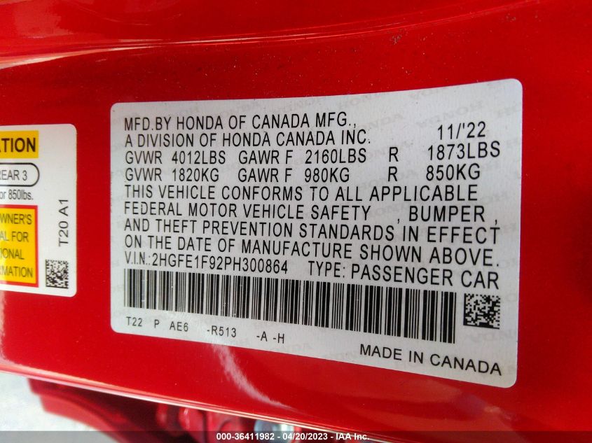 2023 HONDA CIVIC SEDAN TOURING - 2HGFE1F92PH300864