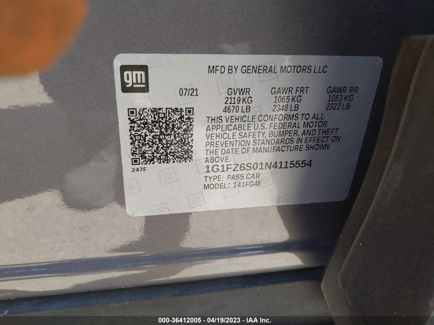 2022 CHEVROLET BOLT EUV PREMIER 1G1FZ6S01N4115554