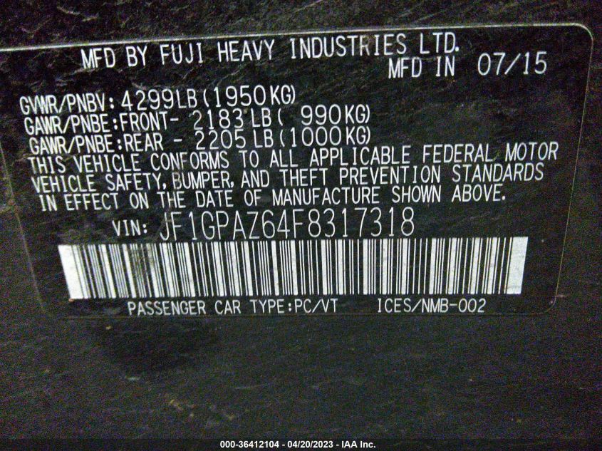 2015 SUBARU IMPREZA WAGON 2.0I SPORT LIMITED - JF1GPAZ64F8317318