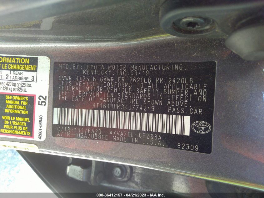 2019 TOYOTA CAMRY LE/SE/XLE/L - 4T1B11HK3KU774249