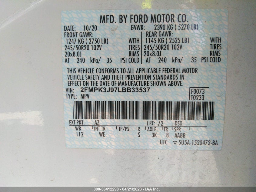 VIN 2FMPK3J97LBB33537 2020 FORD EDGE SEL/ST LINE