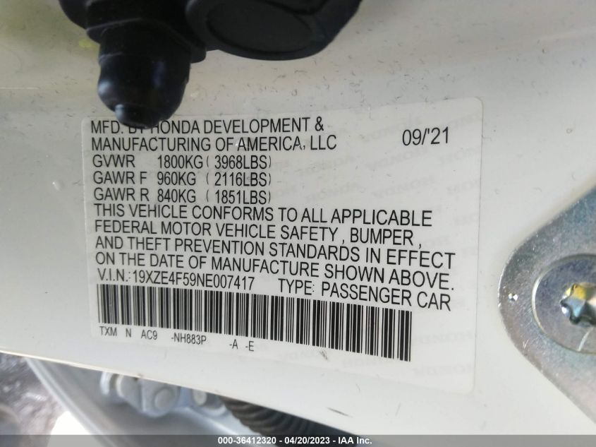 2022 HONDA INSIGHT EX 19XZE4F59NE007417
