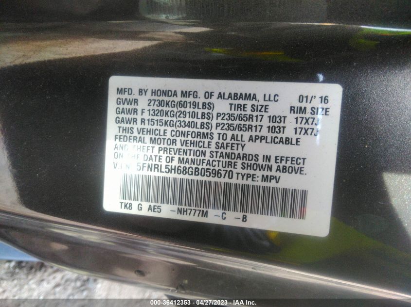 2016 HONDA ODYSSEY EX-L - 5FNRL5H68GB059670