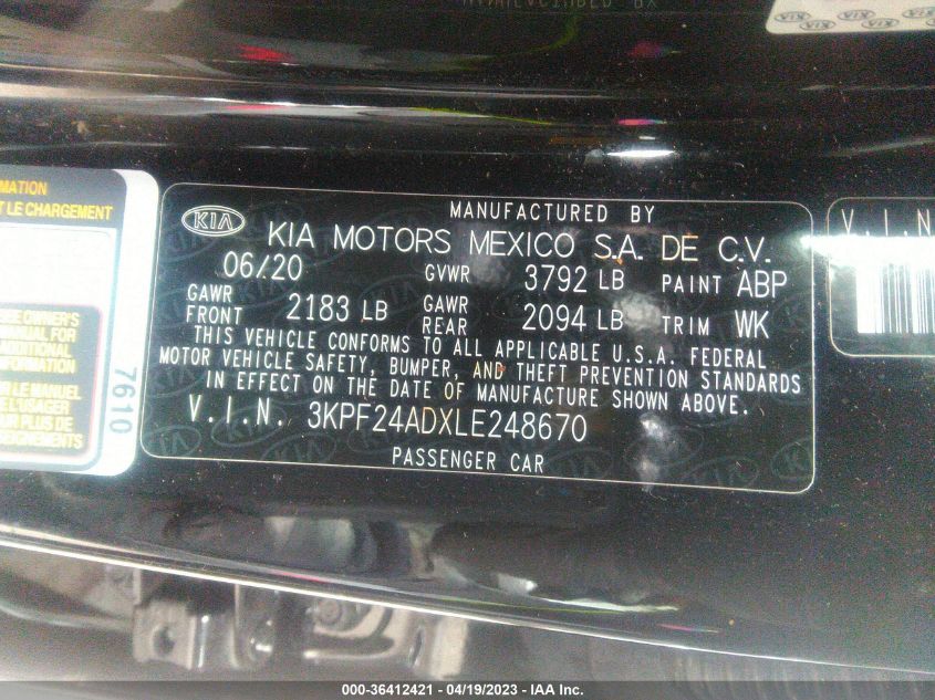 2020 KIA FORTE LXS - 3KPF24ADXLE248670