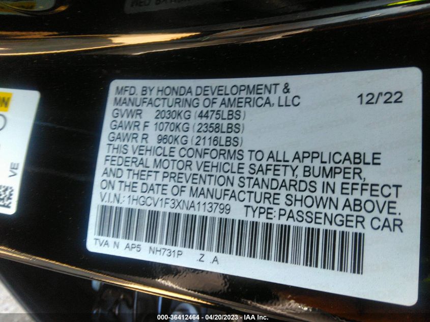 2022 HONDA ACCORD SEDAN SPORT - 1HGCV1F3XNA113799