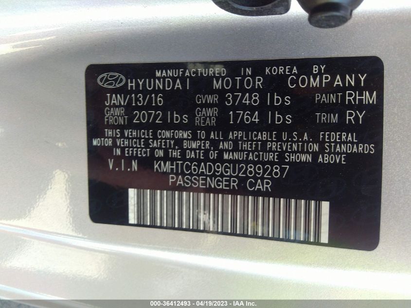 2016 HYUNDAI VELOSTER - KMHTC6AD9GU289287