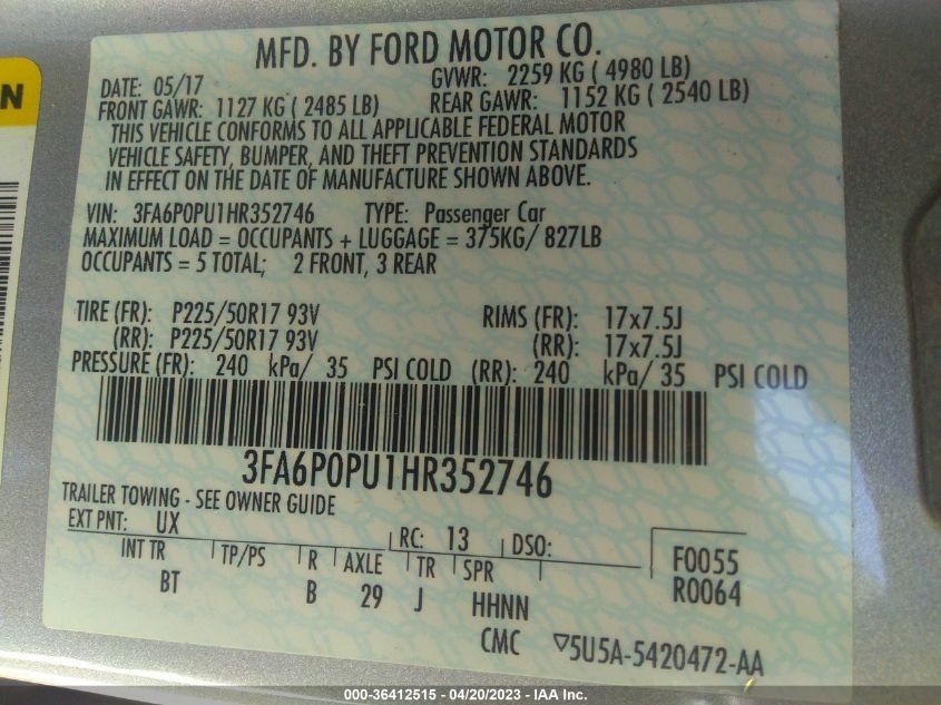 2017 FORD FUSION ENERGI SE - 3FA6P0PU1HR352746