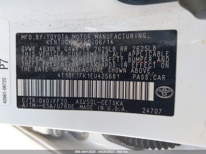 2014 TOYOTA CAMRY L/LE/XLE/SE/SE SPORT - 4T1BF1FK1EU425681