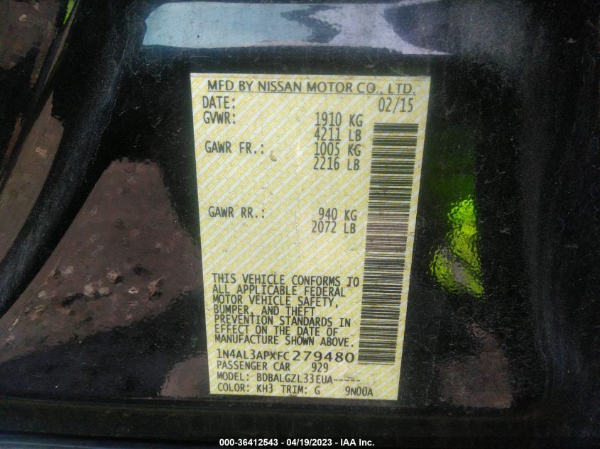 2015 NISSAN ALTIMA 2.5 - 1N4AL3APXFC279480