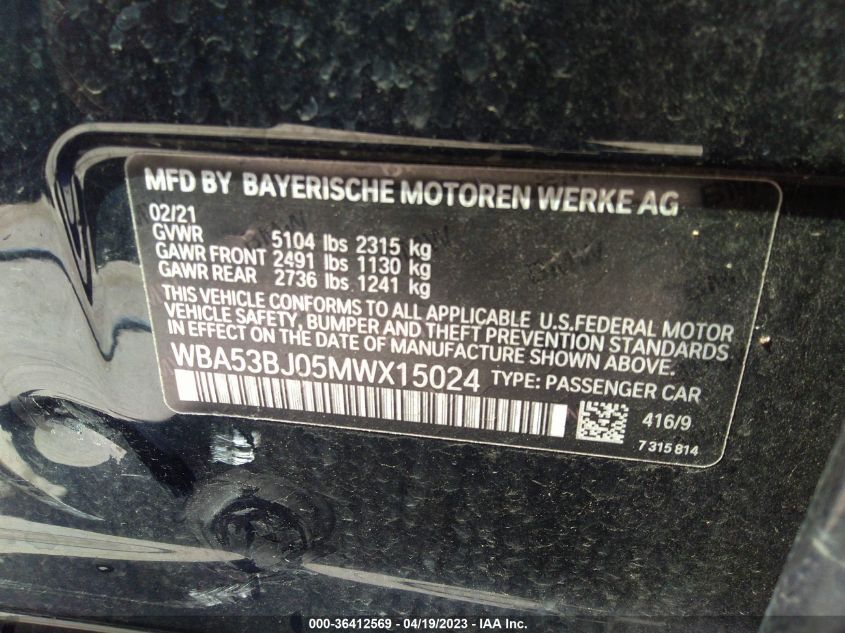 2021 BMW 5 SERIES 540I - WBA53BJ05MWX15024