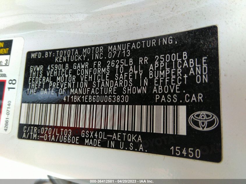 2013 TOYOTA AVALON XLE/LIMITED - 4T1BK1EB6DU063830