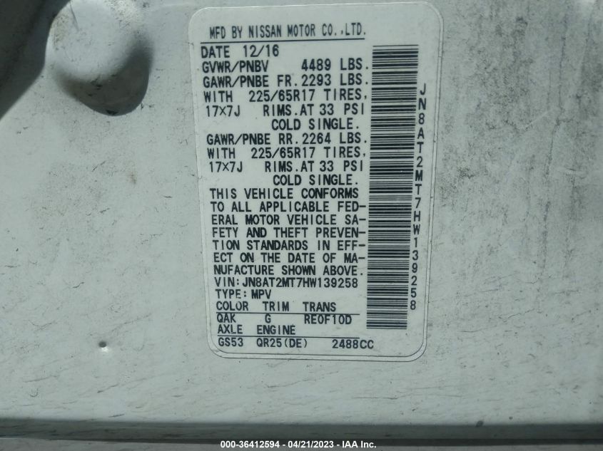 2017 NISSAN ROGUE S - JN8AT2MT7HW139258
