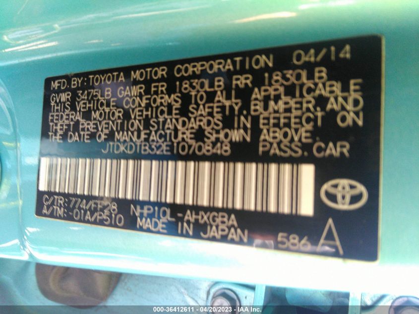 2014 TOYOTA PRIUS C ONE/THREE/TWO/FOUR - JTDKDTB32E1070848