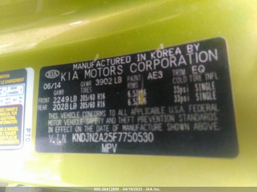 2015 KIA SOUL BASE - KNDJN2A25F7750530
