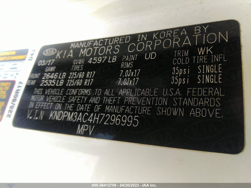 VIN KNDPM3AC4H7296995 2017 KIA SPORTAGE LX