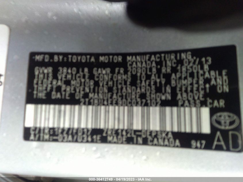 2013 TOYOTA COROLLA L/LE/S - 2T1BU4EE9DC037102