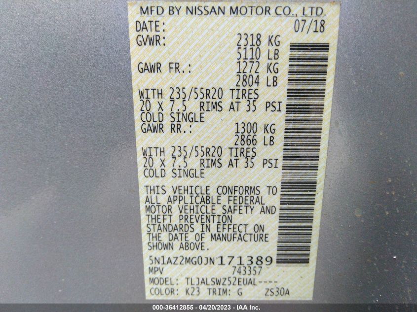 2018 NISSAN MURANO PLATINUM - 5N1AZ2MG0JN171389