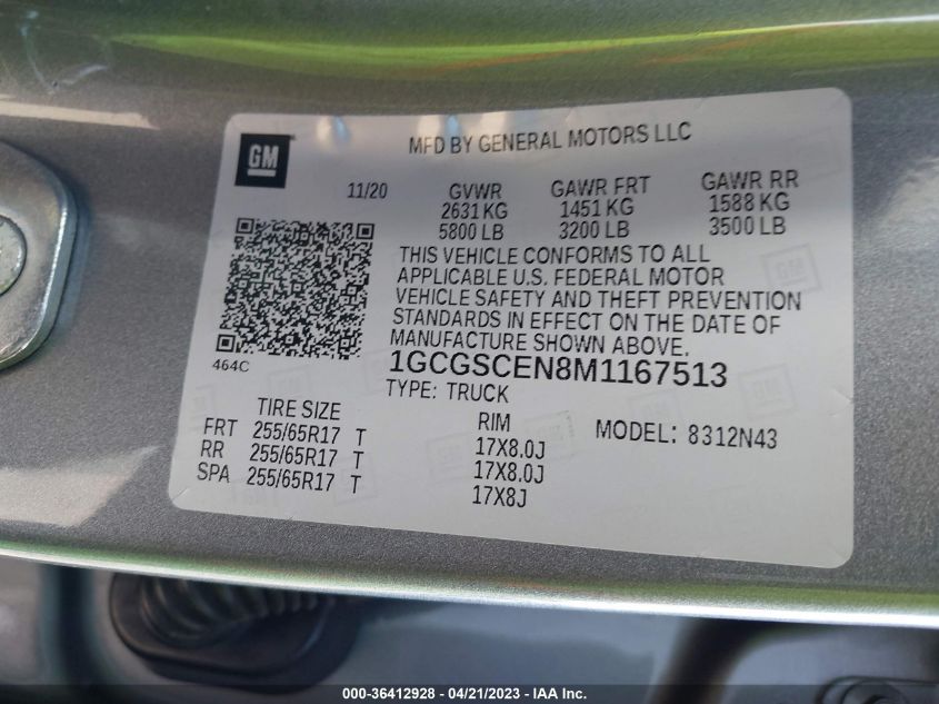 2021 CHEVROLET COLORADO 2WD LT - 1GCGSCEN8M1167513