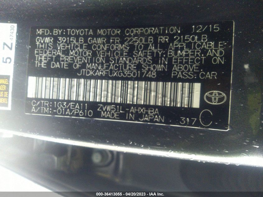 2016 TOYOTA PRIUS FOUR - JTDKARFUXG3501748