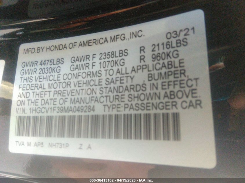 2021 HONDA ACCORD SEDAN SPORT - 1HGCV1F39MA049284