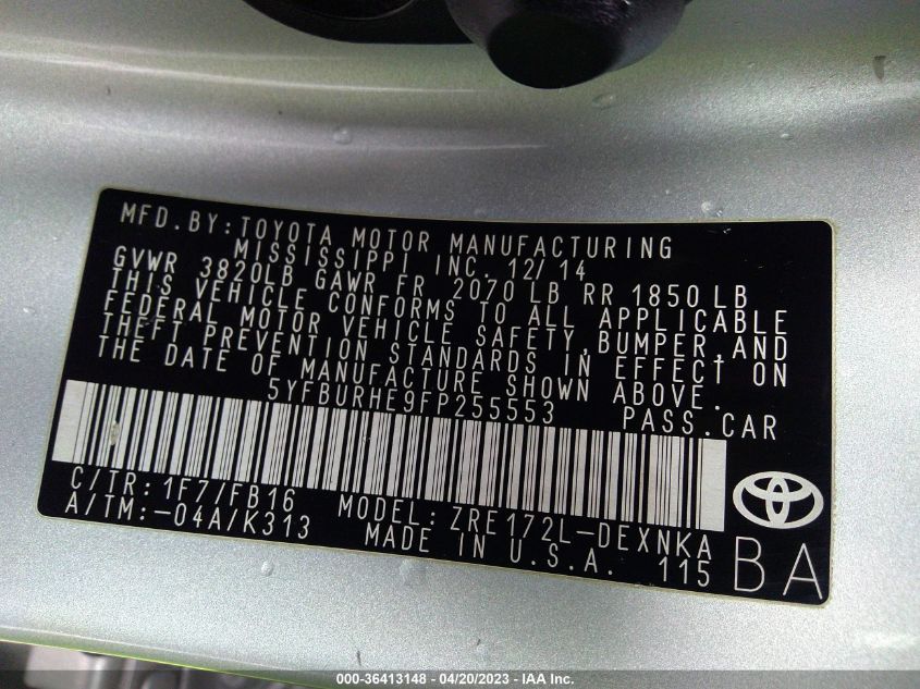 2015 TOYOTA COROLLA L/LE/S/S PLUS/LE PLUS - 5YFBURHE9FP255553