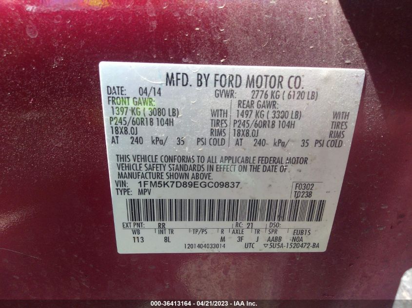 2014 FORD EXPLORER XLT - 1FM5K7D89EGC09837