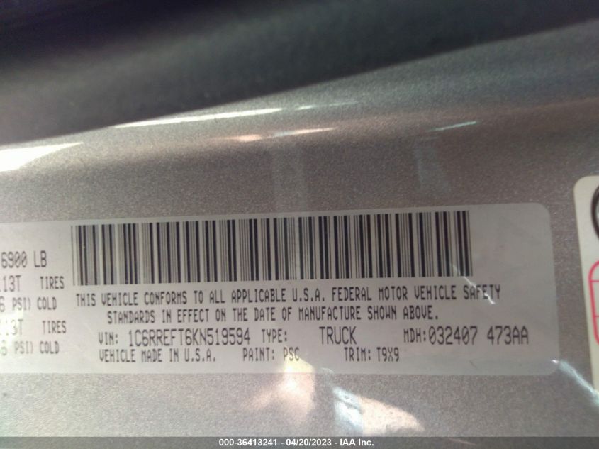 2019 RAM 1500 BIG HORN/LONE STAR - 1C6RREFT6KN519594