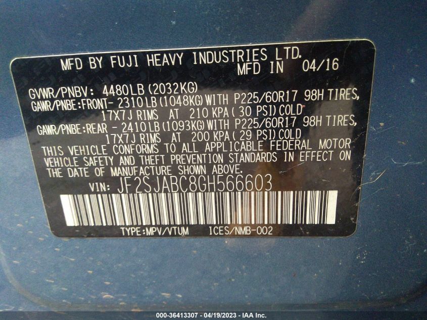 2016 SUBARU FORESTER 2.5I - JF2SJABC8GH566603