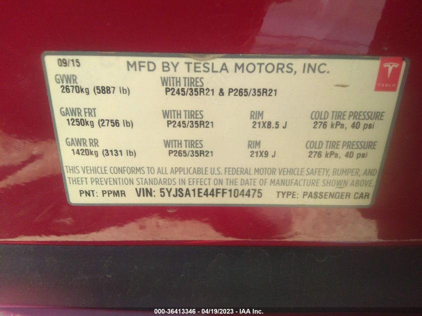 2015 TESLA MODEL S 85D/P85D/90D/P90D - 5YJSA1E44FF104475