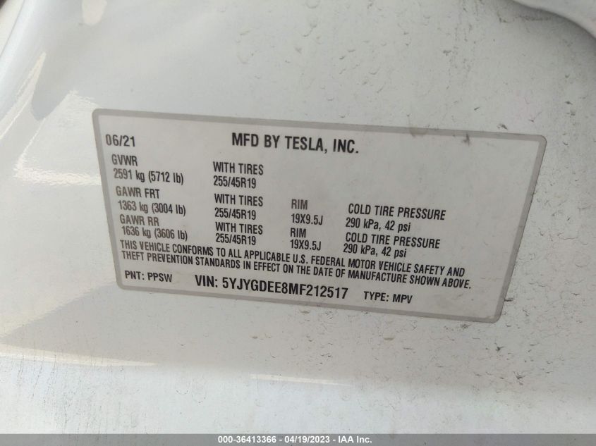 2021 TESLA MODEL Y LONG RANGE - 5YJYGDEE8MF212517