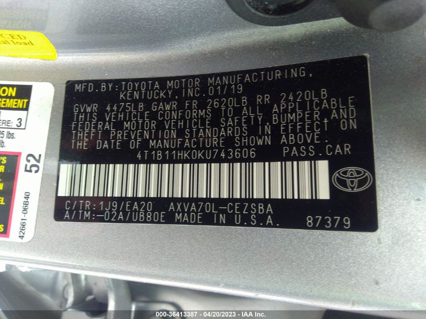 2019 TOYOTA CAMRY SE - 4T1B11HK0KU743606