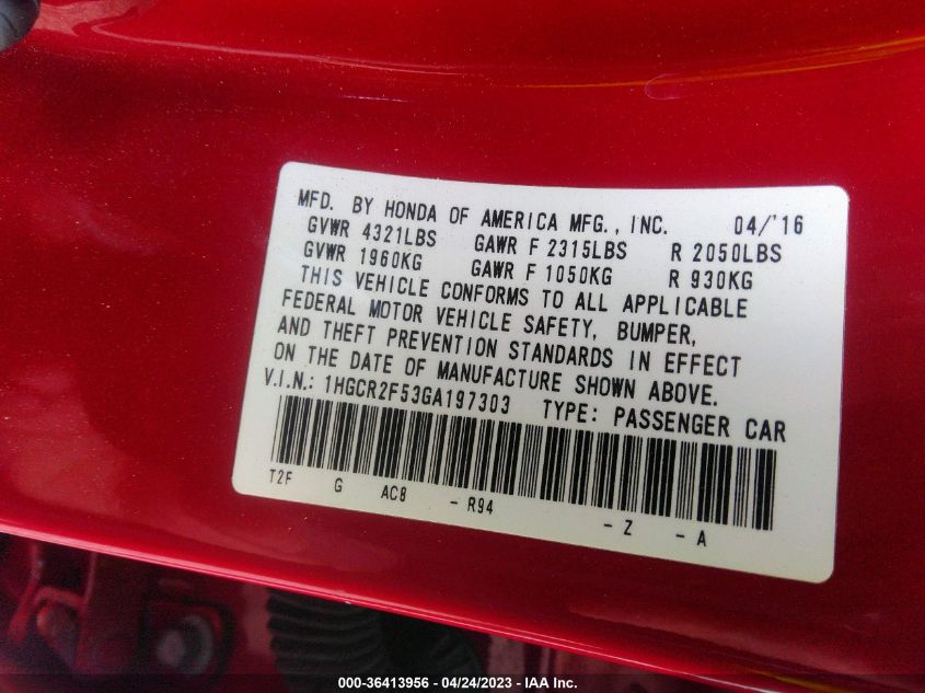 2016 HONDA ACCORD SEDAN SPORT - 1HGCR2F53GA197303