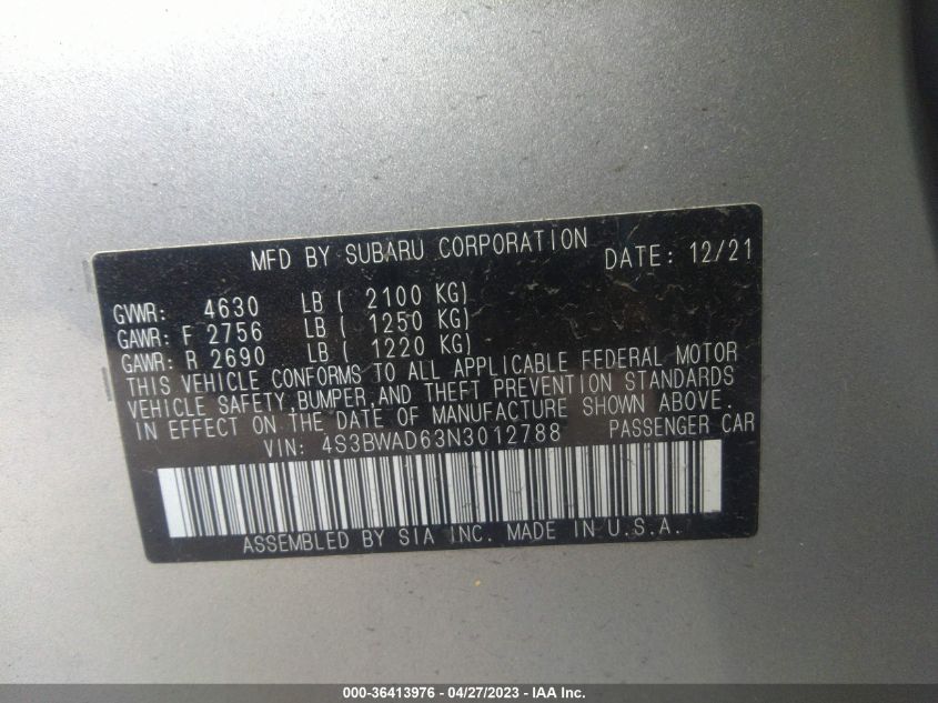 2022 SUBARU LEGACY PREMIUM - 4S3BWAD63N3012788