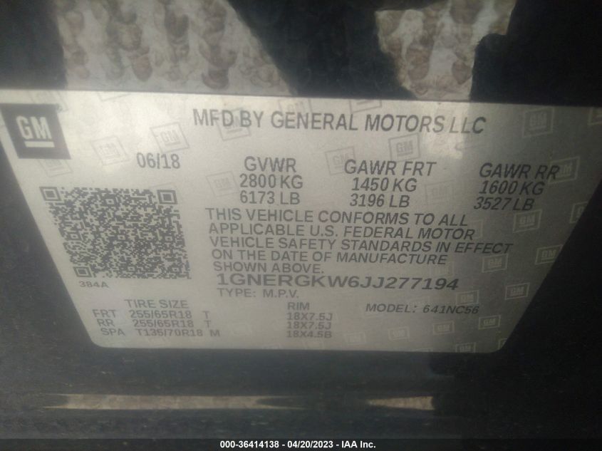 2018 CHEVROLET TRAVERSE LT CLOTH - 1GNERGKW6JJ277194