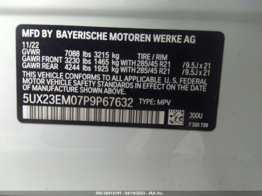 2023 BMW X7 XDRIVE40I - 5UX23EM07P9P67632