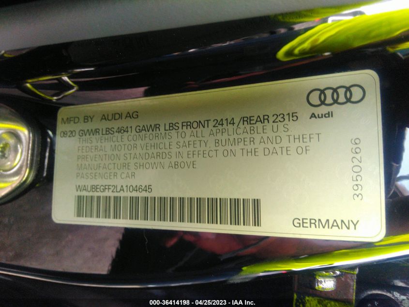 2020 AUDI A3 SEDAN S LINE PREMIUM - WAUBEGFF2LA104645