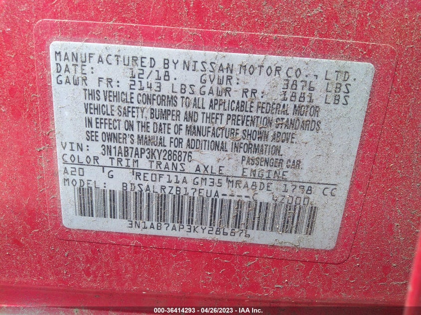 VIN 3N1AB7AP3KY286876 2019 NISSAN SENTRA SR
