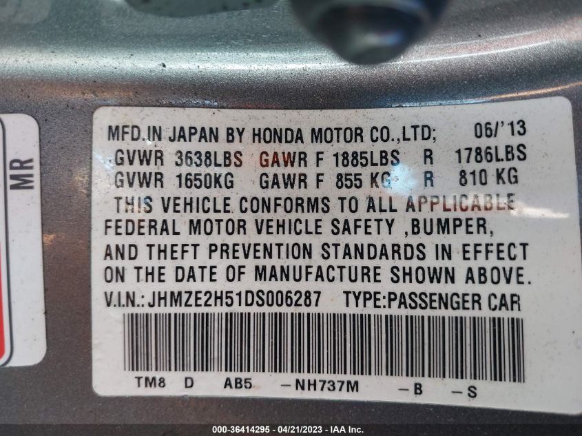 2013 HONDA INSIGHT LX JHMZE2H51DS006287