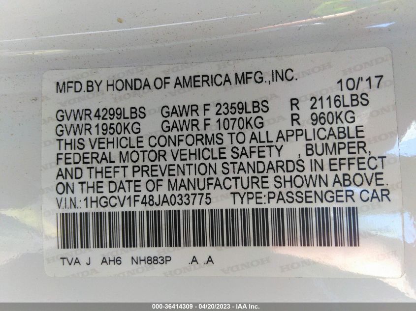 2018 HONDA ACCORD SEDAN EX 1.5T - 1HGCV1F48JA033775