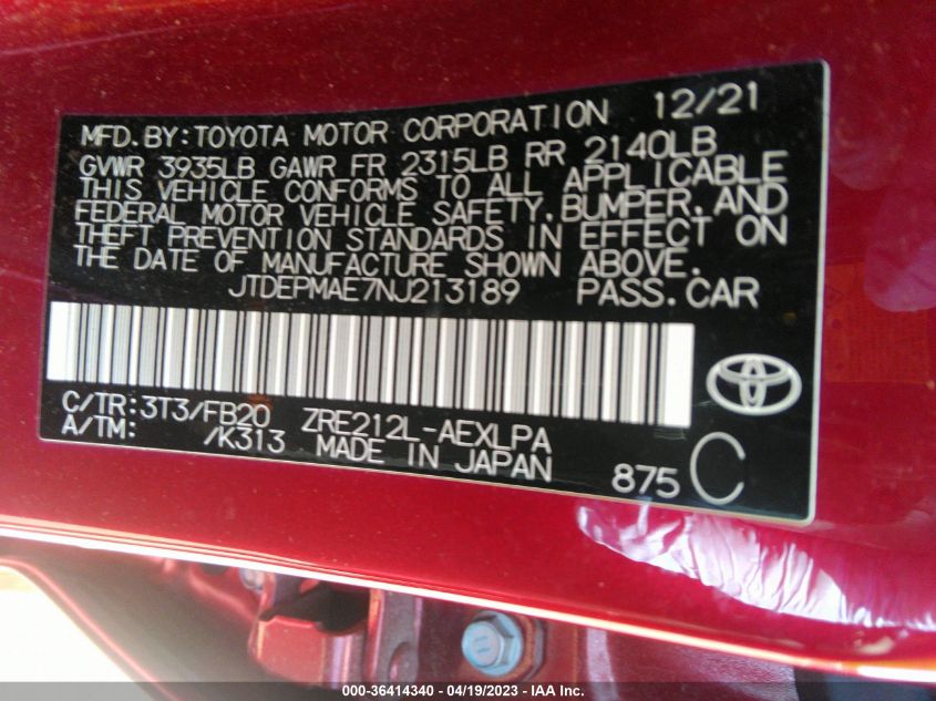 2022 TOYOTA COROLLA LE - JTDEPMAE7NJ213189