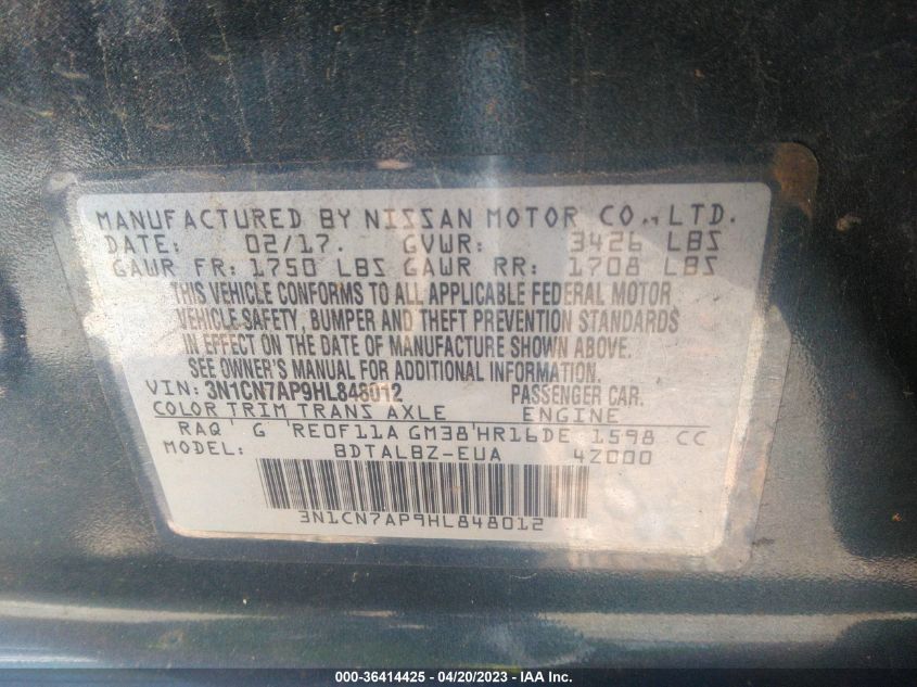 2017 NISSAN VERSA SEDAN SV - 3N1CN7AP9HL848012