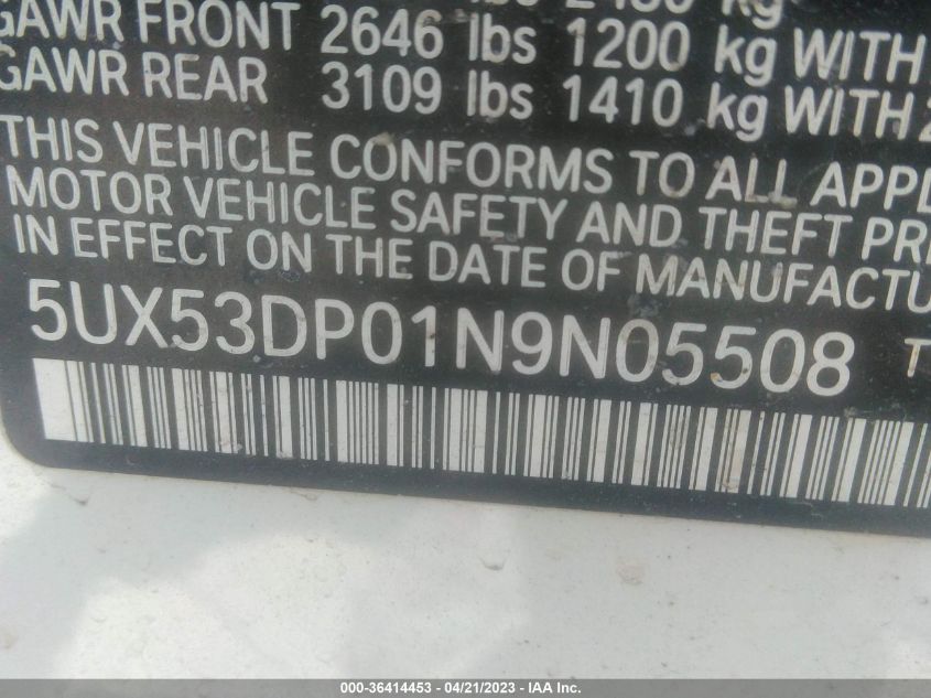 2022 BMW X3 XDRIVE30I - 5UX53DP01N9N05508