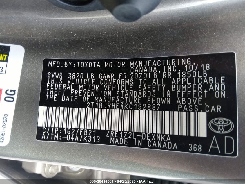 2019 TOYOTA COROLLA L/LE/SE/XLE/XSE - 2T1BURHE4KC192887