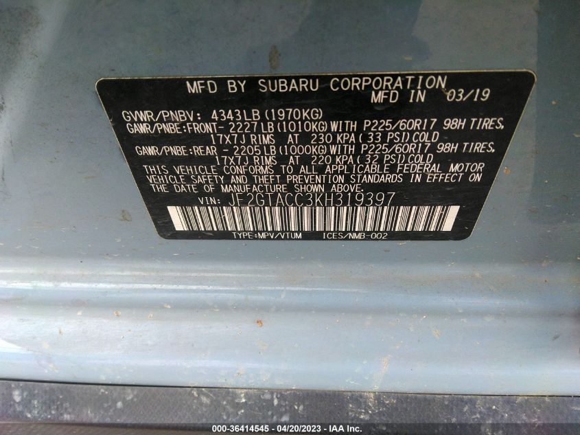 2019 SUBARU CROSSTREK PREMIUM - JF2GTACC3KH319397