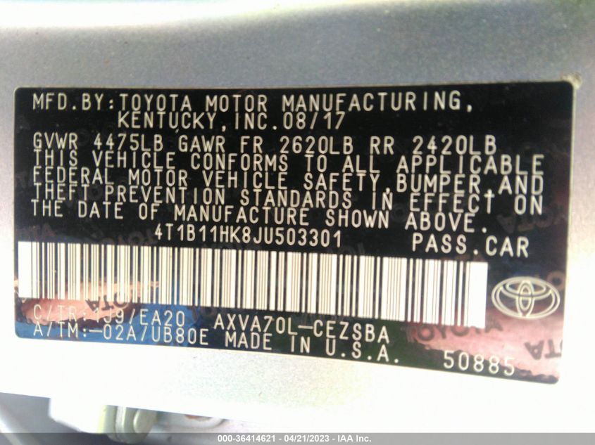 2018 TOYOTA CAMRY LE/SE/XLE/L - 4T1B11HK8JU503301