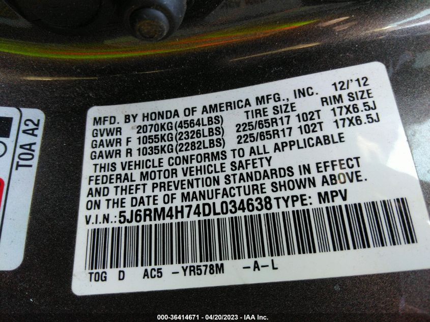 2013 HONDA CR-V EX-L - 5J6RM4H74DL034638