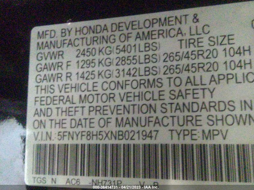 2022 HONDA PASSPORT EX-L - 5FNYF8H5XNB021947