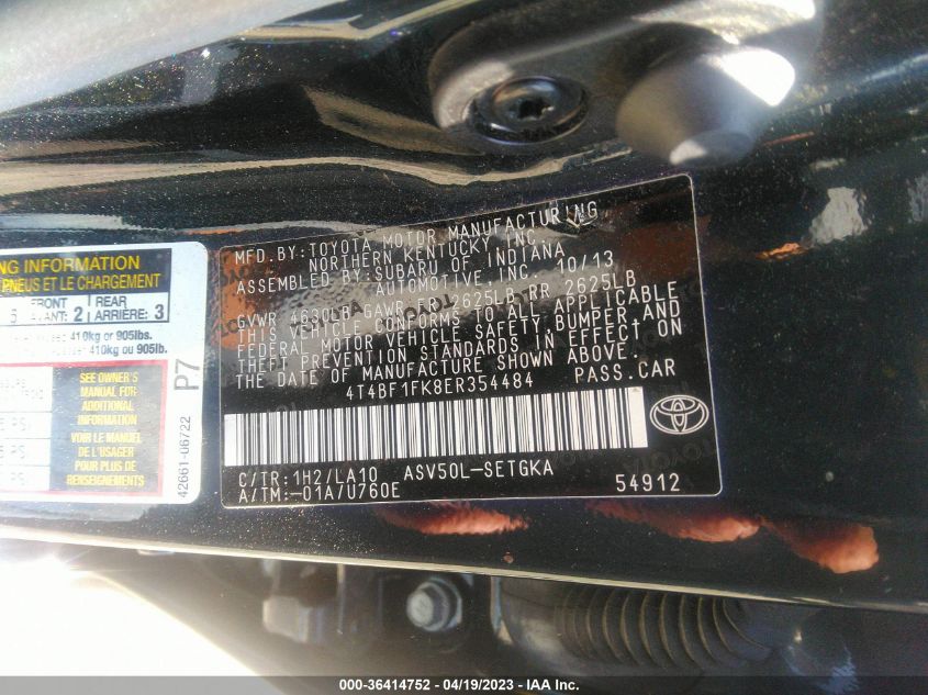 2014 TOYOTA CAMRY L/LE/XLE/SE/SE SPORT - 4T4BF1FK8ER354484